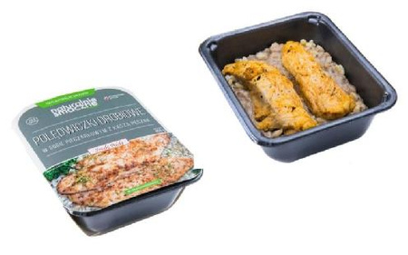 Polędwiczki drobiowe w sosie pieczarkowym z kaszą (400g)